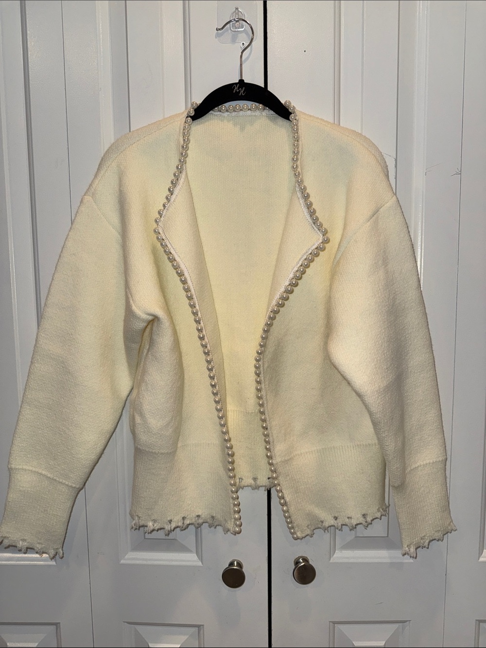Cream Pearl-Trim Open Cardigan Sweater
